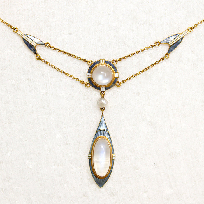 Alluring Moonstone & Enamelled Gold Arts & Crafts Necklace