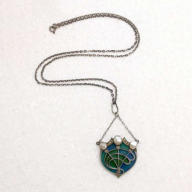 Plique-à-jour Enamel & Pearl Arts & Crafts Necklace