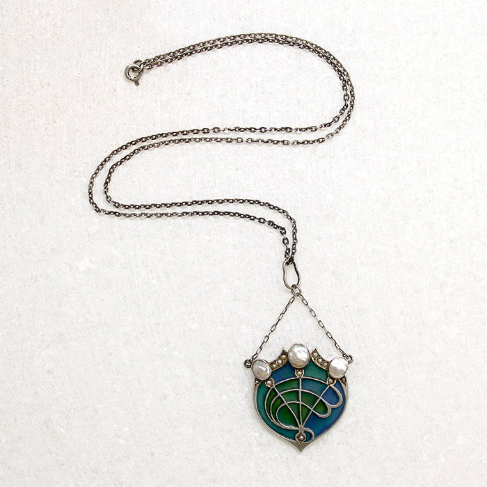 Plique-à-jour Enamel & Pearl Arts & Crafts Necklace
