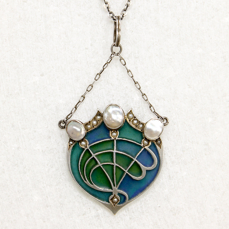 Plique-à-jour Enamel & Pearl Arts & Crafts Necklace