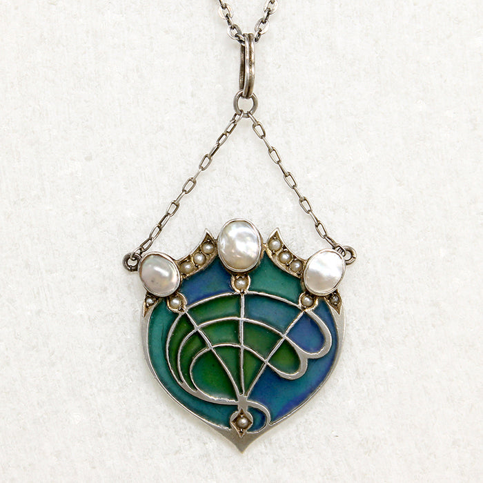 Plique-à-jour Enamel & Pearl Arts & Crafts Necklace