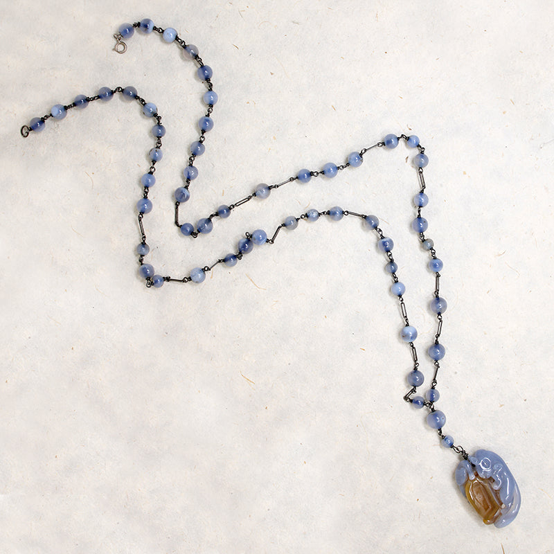 Gorgeous Chinese Blue & Gold Agate Necklace