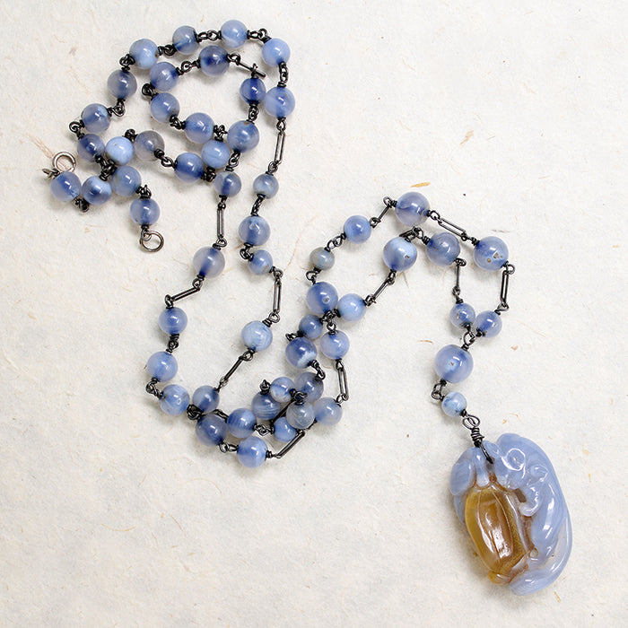 Gorgeous Chinese Blue & Gold Agate Necklace