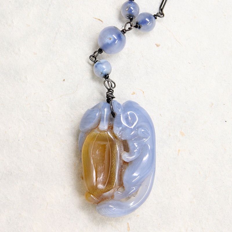 Gorgeous Chinese Blue & Gold Agate Necklace