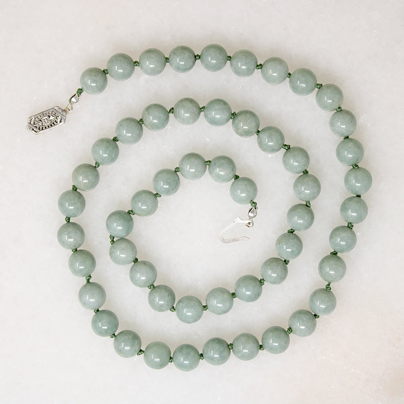 Celadon Green Jade Beads with White Gold Clasp