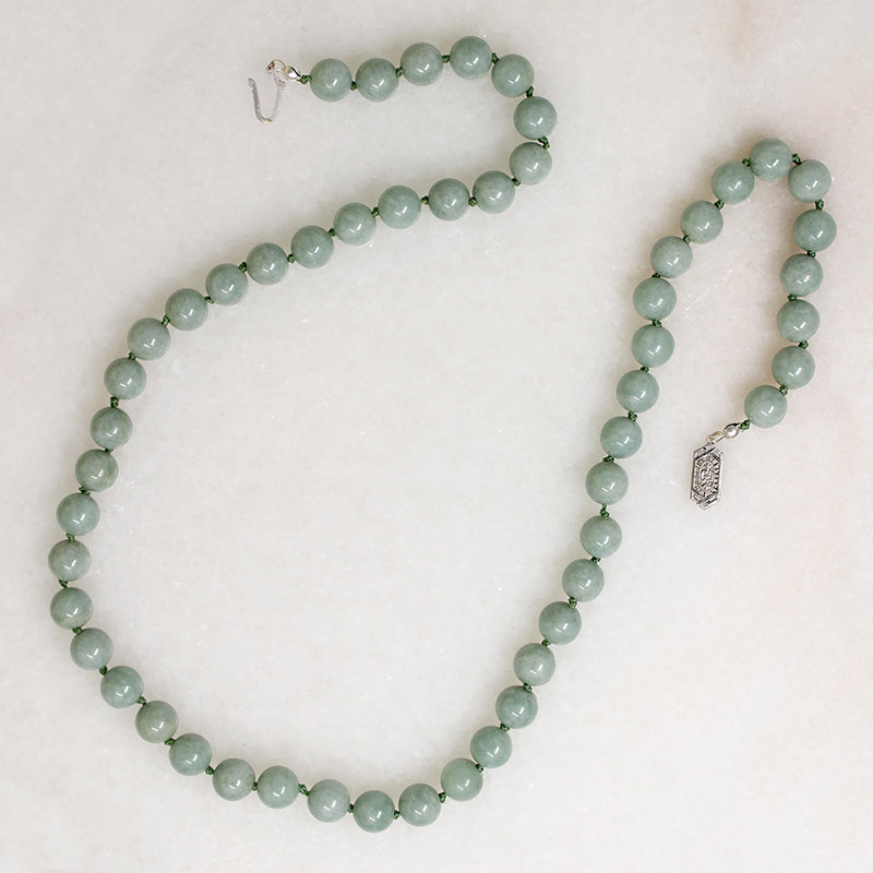 Celadon Green Jade Beads with White Gold Clasp
