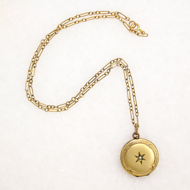 French Gold Filled Locket with Star-Set Pearl