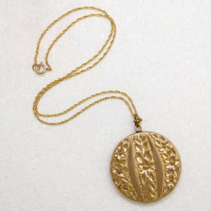 Large Gold Filled Locket with Engraved Forget-Me-Nots