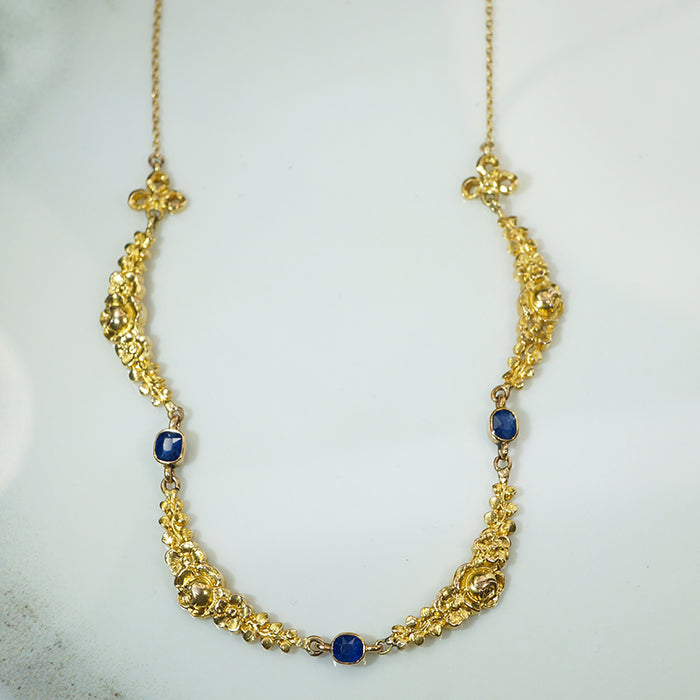 Lovely Floral Gold and Sapphire Necklace