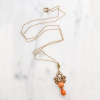 Ginko Motif Lavalier Necklace with Coral & Pearl