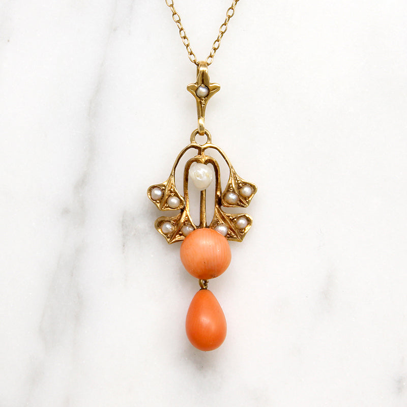 Ginko Motif Lavalier Necklace with Coral & Pearl