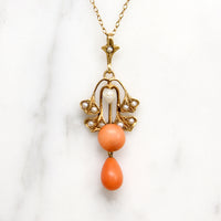 Ginko Motif Lavalier Necklace with Coral & Pearl