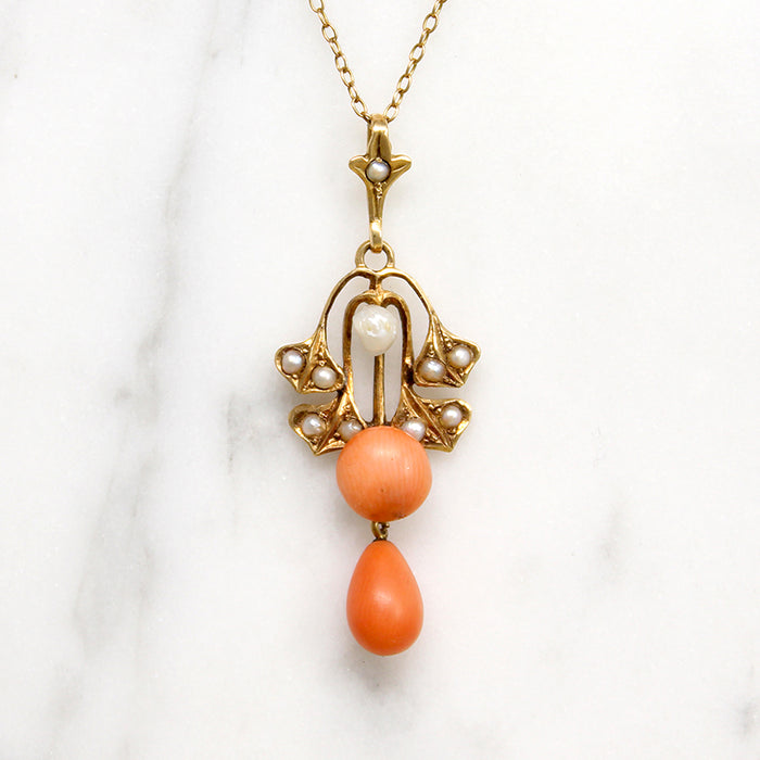 Ginko Motif Lavalier Necklace with Coral & Pearl