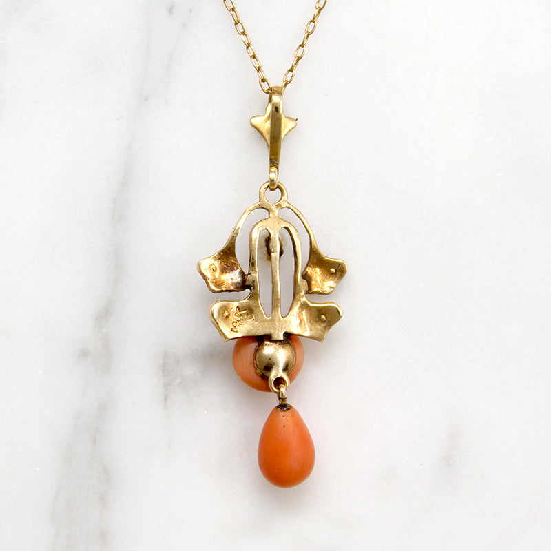 Ginko Motif Lavalier Necklace with Coral & Pearl