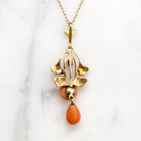 Ginko Motif Lavalier Necklace with Coral & Pearl