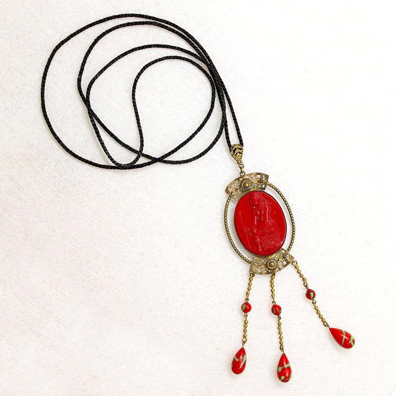 Egyptian Revival Red Czech Glass & Brass Pendant