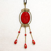 Egyptian Revival Red Czech Glass & Brass Pendant