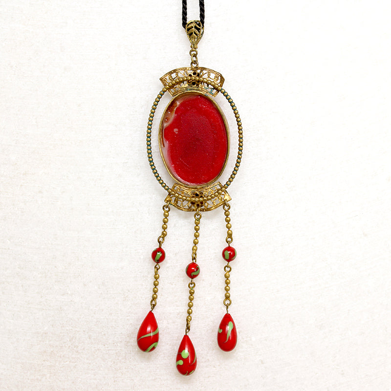 Egyptian Revival Red Czech Glass & Brass Pendant
