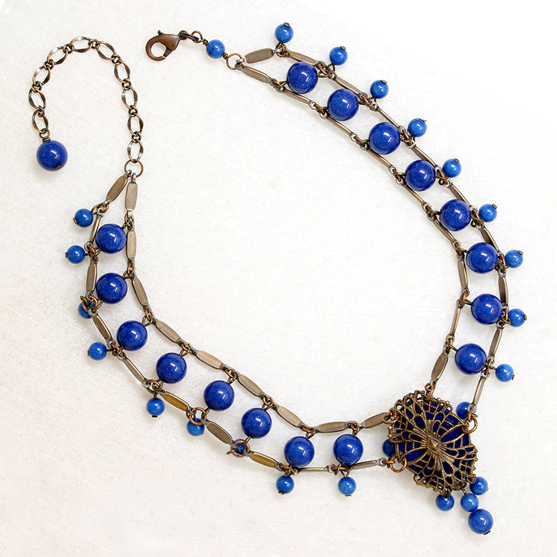 Egyptian Revival Czech Glass & Brass Swag Necklace