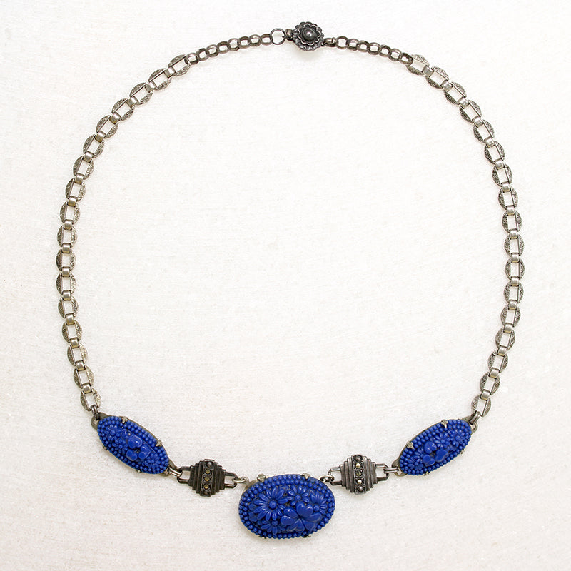 Blue Glass Flowers in Sterling Silver Necklace
