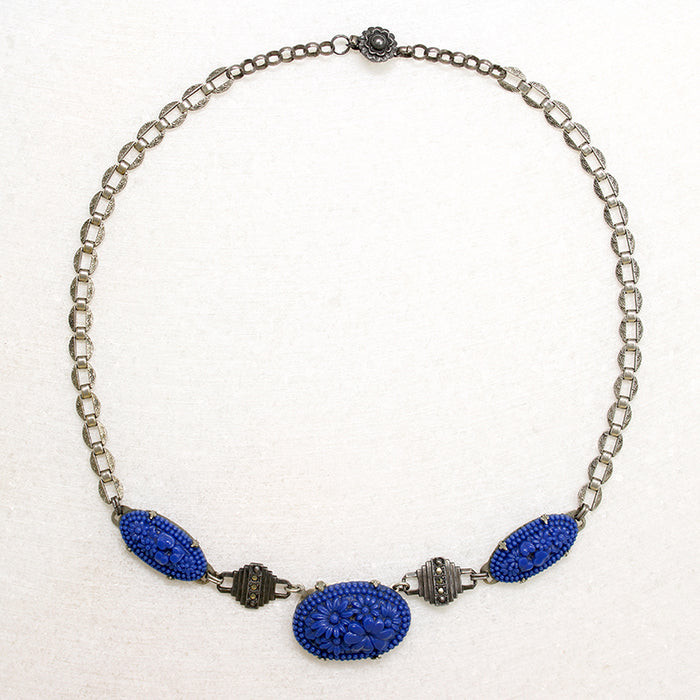 Blue Glass Flowers in Sterling Silver Necklace