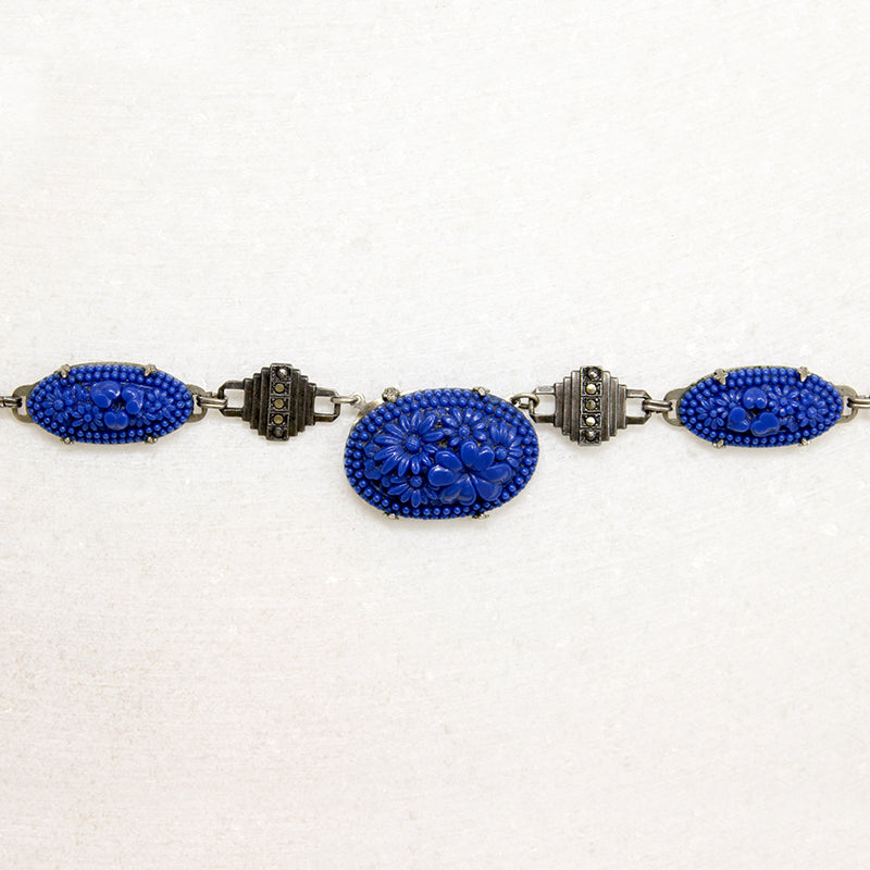 Blue Glass Flowers in Sterling Silver Necklace