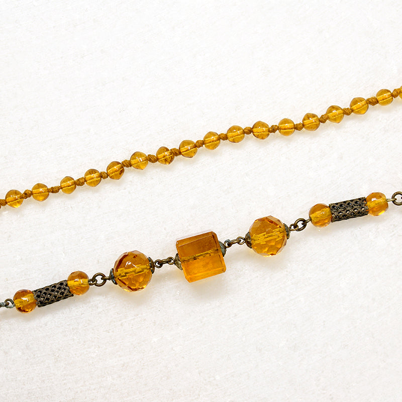 Art Deco Amber Glass & Brass Filigree Beads