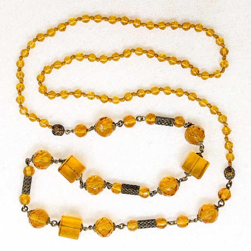 Art Deco Amber Glass & Brass Filigree Beads