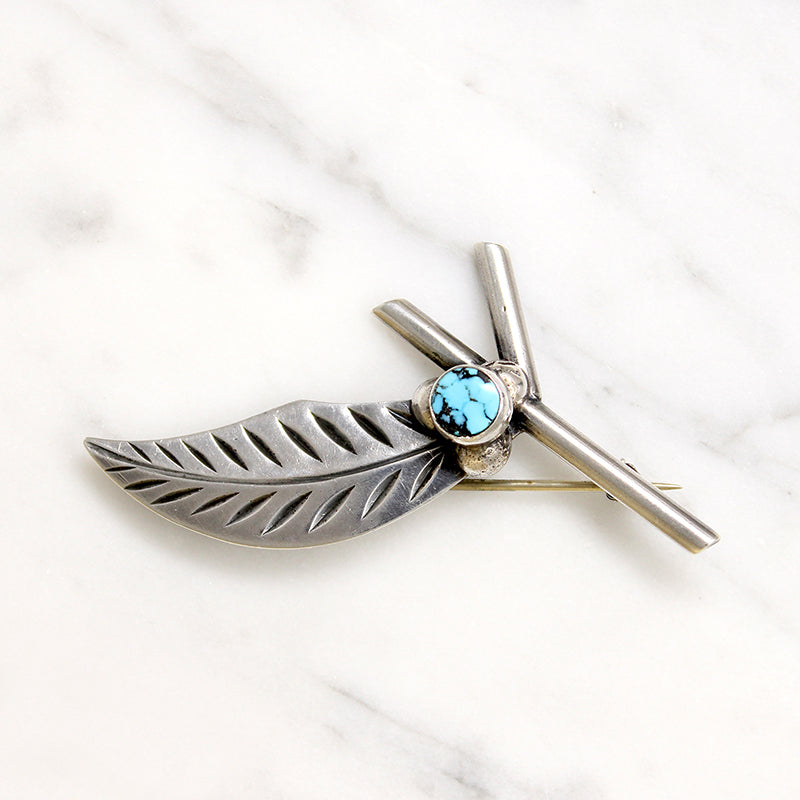 Hand Made Twig & Berries Silver & Turquoise Brooch