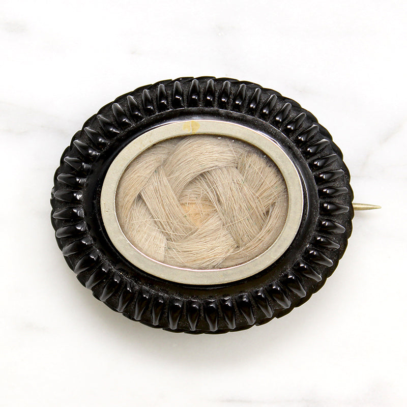 Flaxen Plait in Victorian Jet Mourning Brooch