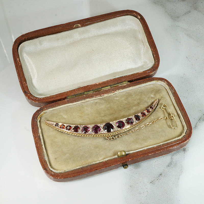 Garnet Glamour English Rose Gold Crescent Moon Brooch