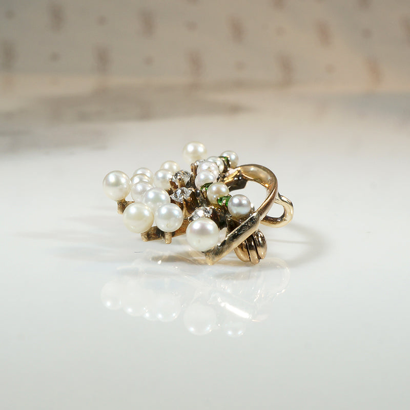 Sylvan Green Garnet, Diamond & Pearl Crown Brooch