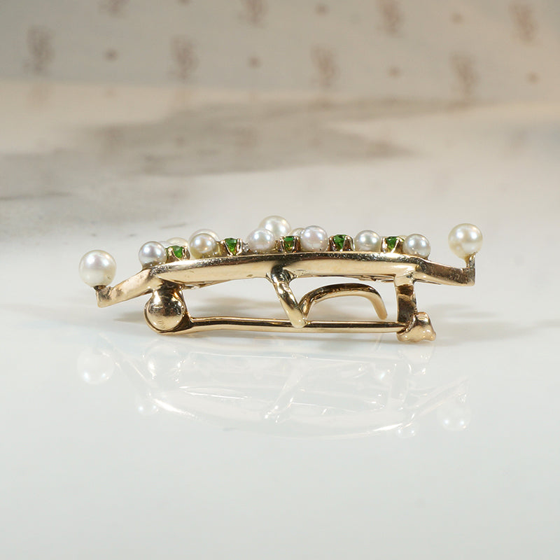Sylvan Green Garnet, Diamond & Pearl Crown Brooch