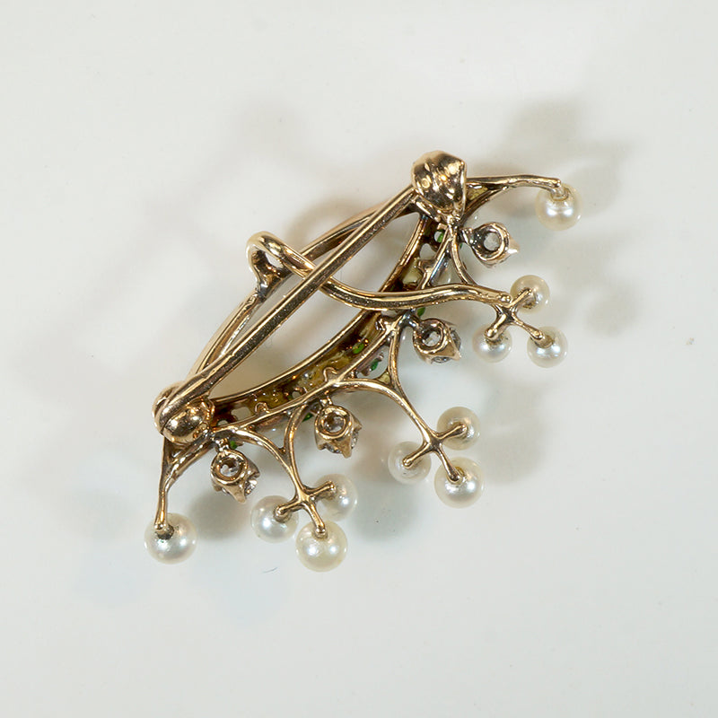 Sylvan Green Garnet, Diamond & Pearl Crown Brooch