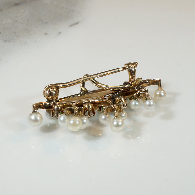 Sylvan Green Garnet, Diamond & Pearl Crown Brooch