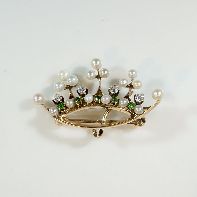 Sylvan Green Garnet, Diamond & Pearl Crown Brooch