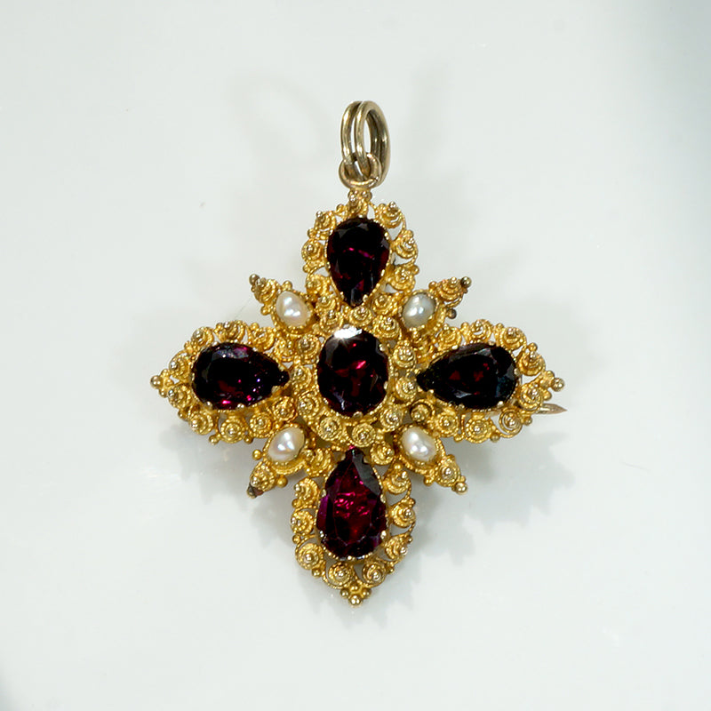 Splendid Garnet Pearl & 22k Cannetille Cruciform Jewel