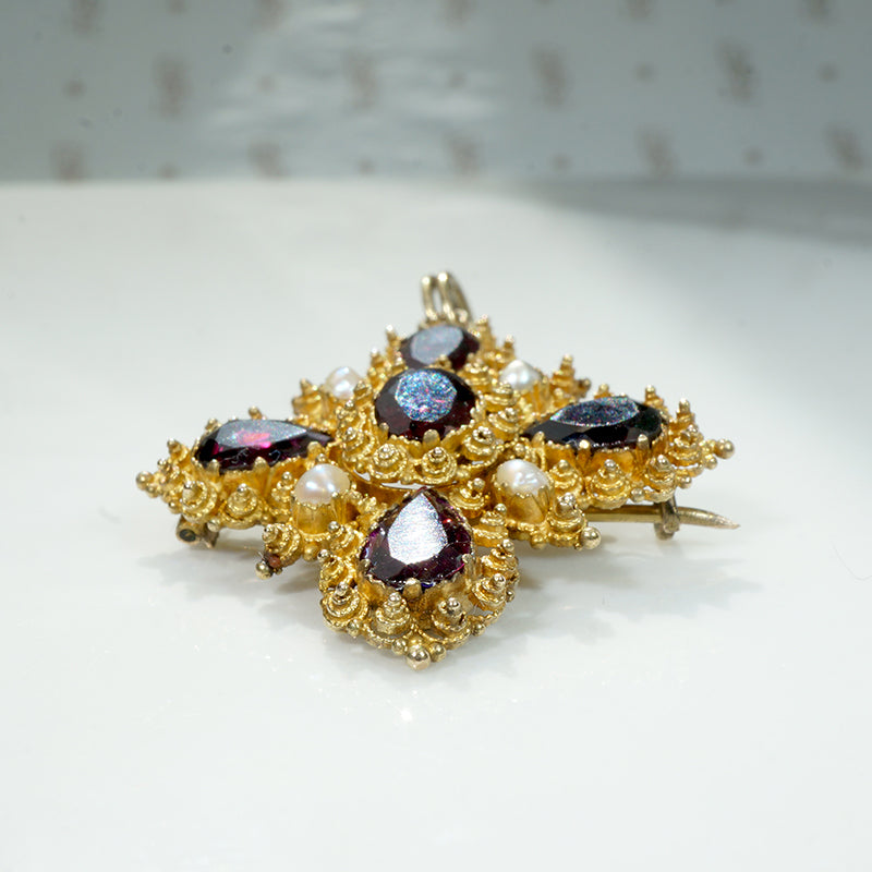Splendid Garnet Pearl & 22k Cannetille Cruciform Jewel