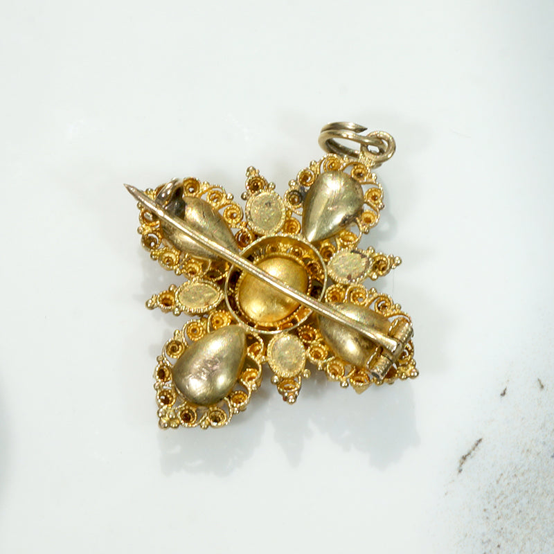 Splendid Garnet Pearl & 22k Cannetille Cruciform Jewel