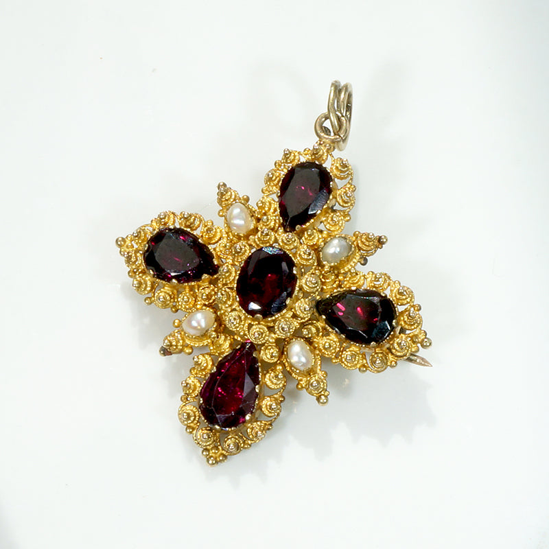 Splendid Garnet Pearl & 22k Cannetille Cruciform Jewel