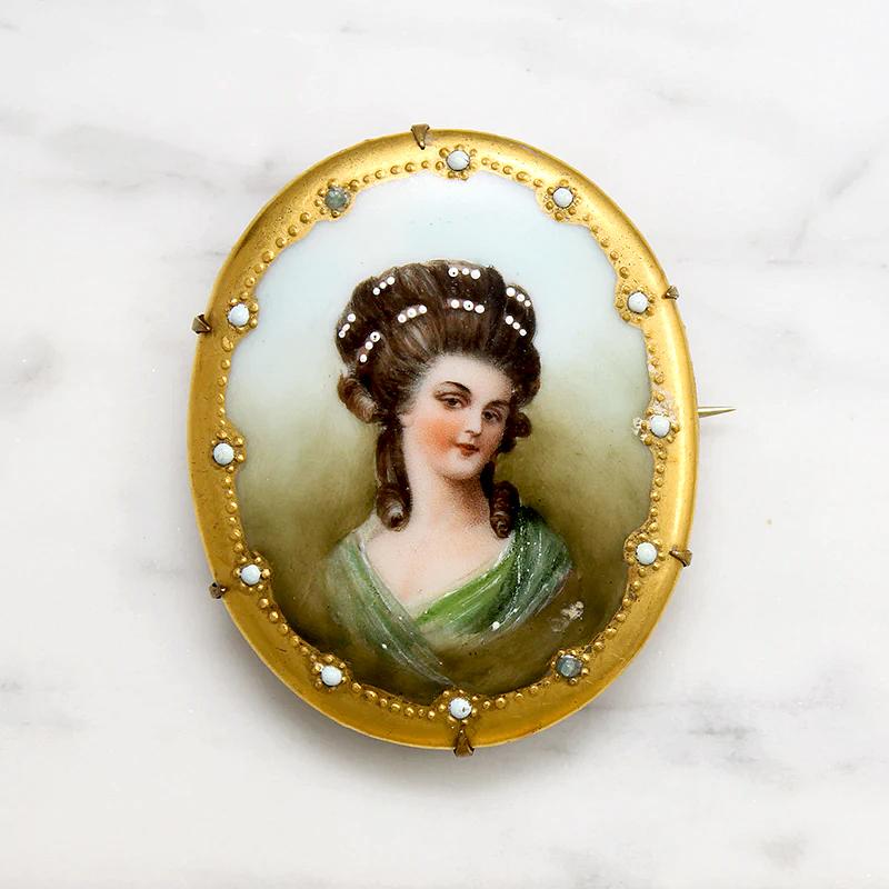 Brunette Beauty Miniature on Porcelain Brooch
