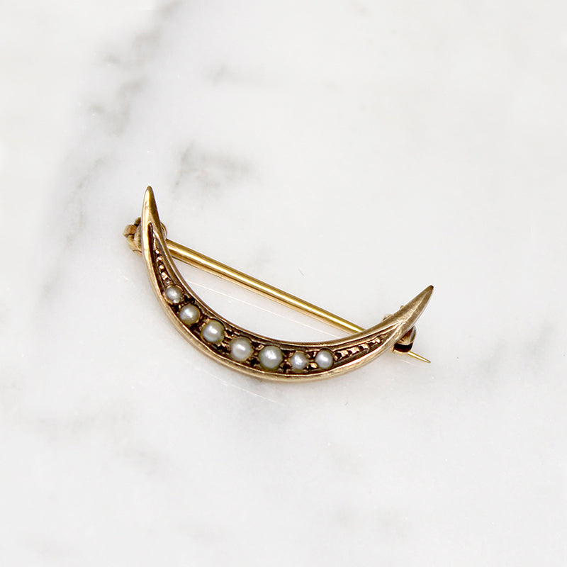 Romantic Gold & Pearl Crescent Moon Brooch