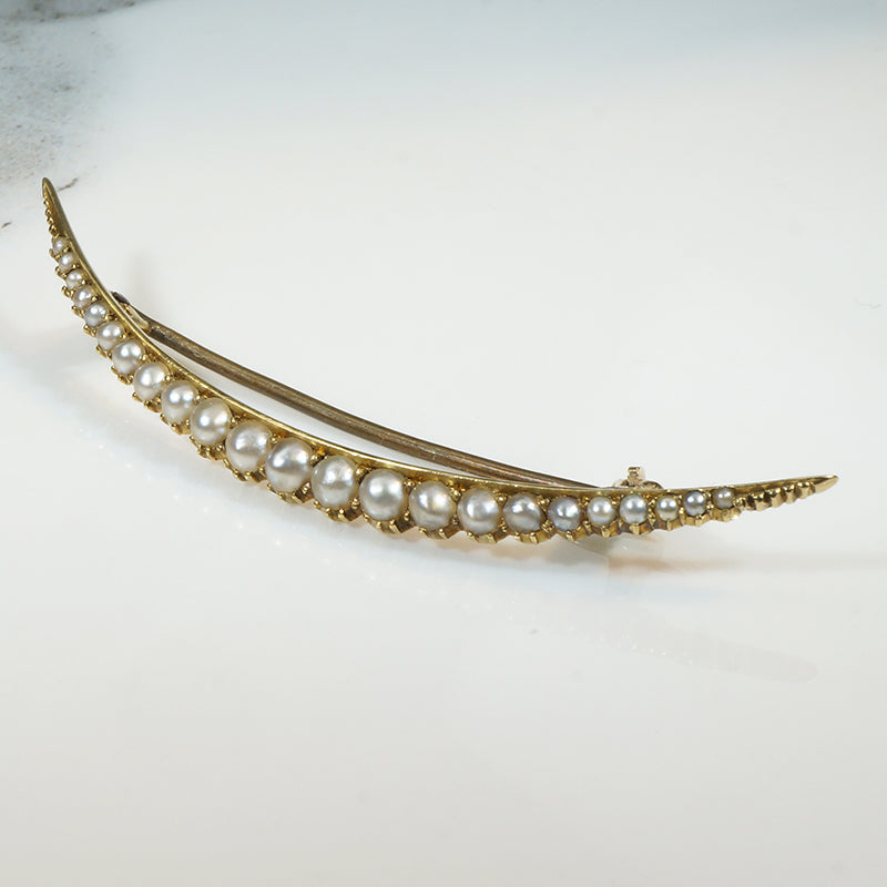 Delicate Sliver Gold & Pearl Crescent Moon Brooch