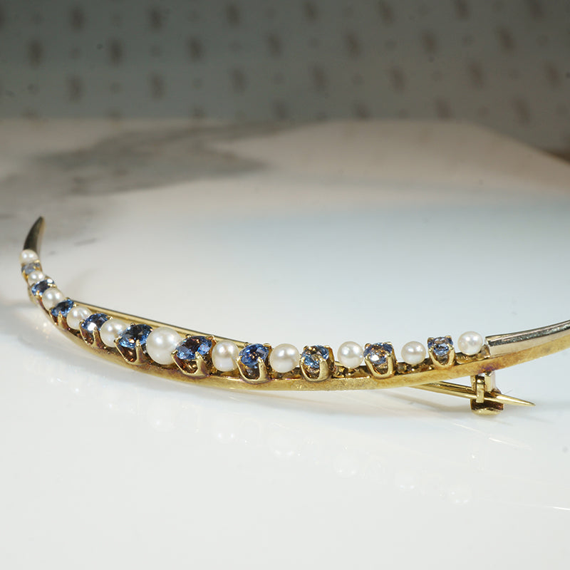 Edwardian Sapphire & Pearl Crescent Moon Brooch
