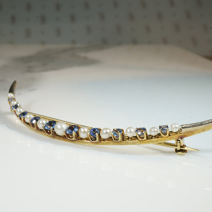 Edwardian Sapphire & Pearl Crescent Moon Brooch