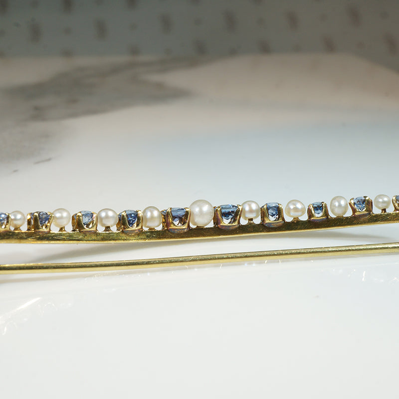 Edwardian Sapphire & Pearl Crescent Moon Brooch