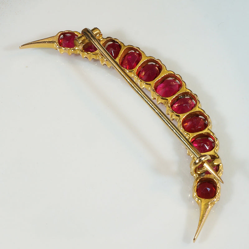 Red Moon Spinel & 15ct Gold Crescent Brooch