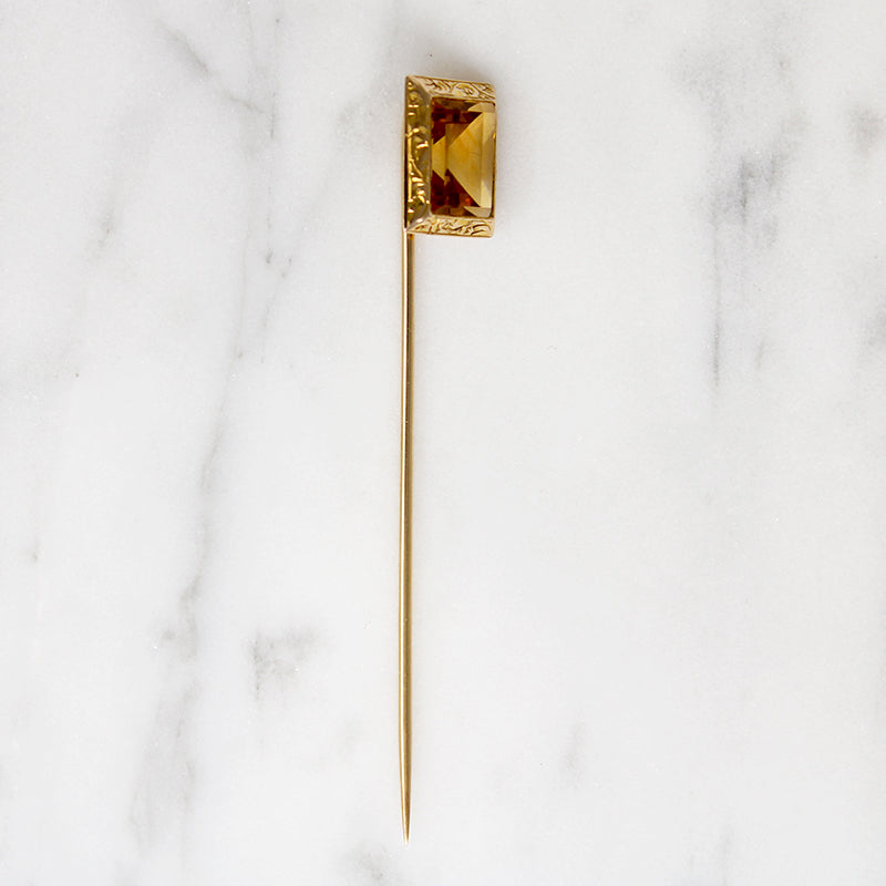 Edwardian Citrine & Engraved Gold Stick Pin