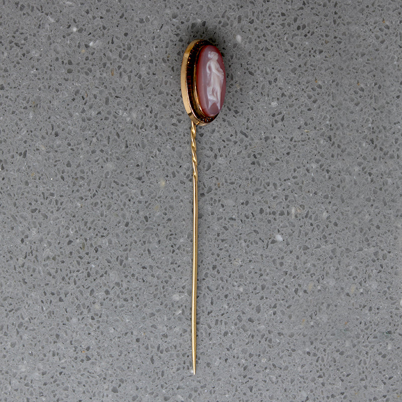 Hardstone Cameo of Gracile Woman on 18k Gold Stick Pin