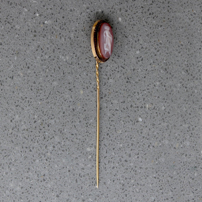 Hardstone Cameo of Gracile Woman on 18k Gold Stick Pin